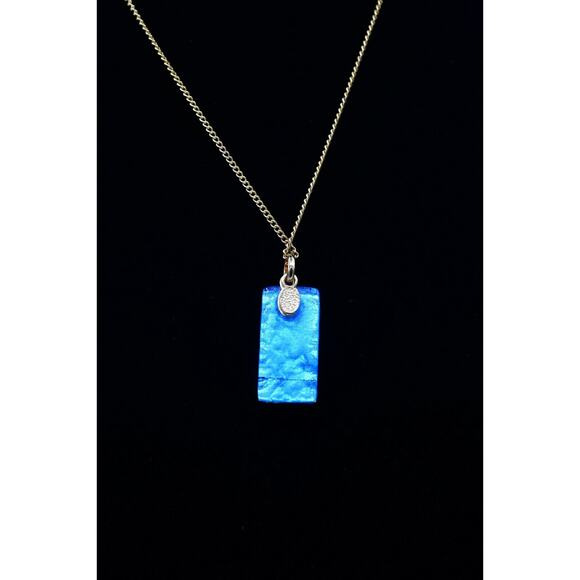 Artisan Handblown Glass Pendant Foil Blue Flower Rectangle Gold Tone Chain BinM - Picture 7 of 12